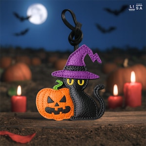 Halloween Cat Charm, Real Leather Charm, Witch Charm, Halloween Charm, Leather Halloween Bag Charm, Halloween Bag Tag, Halloween Keychain