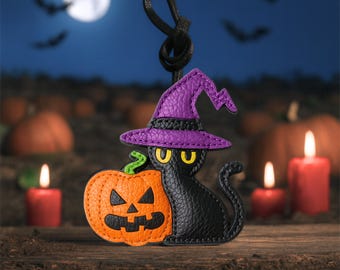 Halloween Cat Charm, Real Leather Charm, Witch Charm, Halloween Charm, Leather Halloween Bag Charm, Halloween Bag Tag, Halloween Keychain
