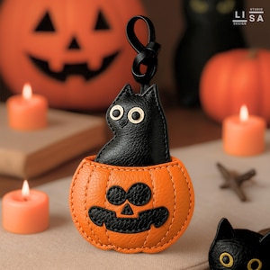 Halloween Cat Charm, Real Leather Charm, Witch Charm, Halloween Charm, Leather Halloween Bag Charm, Halloween Bag Tag, Halloween Keychain
