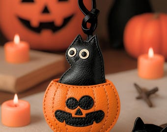 Halloween Cat Charm, Real Leather Charm, Witch Charm, Halloween Charm, Leather Halloween Bag Charm, Halloween Bag Tag, Halloween Keychain