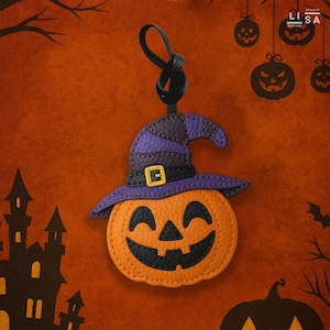 Pumpkin Bag Charm, 100% Real Leather Charm, Halloween Charm, Leather Halloween Bag Charm, Halloween Bag Tag, Witch Charm, Halloween Keychain