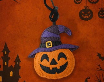 Pumpkin Bag Charm, 100% Real Leather Charm, Halloween Charm, Leather Halloween Bag Charm, Halloween Bag Tag, Witch Charm, Halloween Keychain