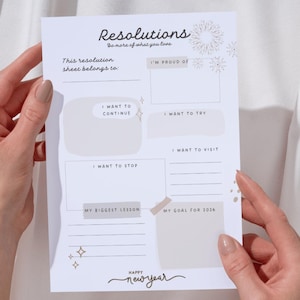 Hoja imprimible de propósitos de Año Nuevo 2026. Hoja de trabajo para establecer objetivos. Hoja de ruta para propósitos.