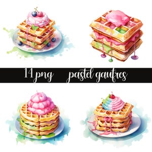 Watercolor gaufre with icecream PNG clipart, sweet treats clipart, watercolor sweets, icecream clipart, pastel dessert png, pastel dessert