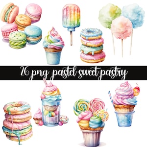 Aquarel pastel snoep clipart regenboog zoete lekkernijen png macarons cupcakes ijs gummyberen taarten suikerspin dessert lolly