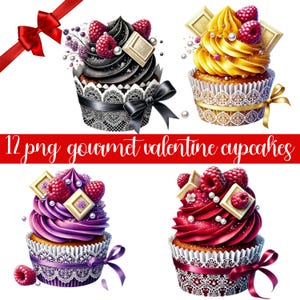 Pacchetto clipart di cupcake gourmet di San Valentino, grafica di San Valentino, disegni png d'amore, sfondo trasparente, uso commerciale, set di 12