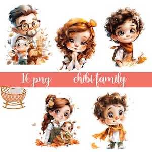 Chibi family clipart, chibi cute clipart, children family graphics, watercolor clipart, card making, Instant download, commercial use
