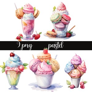 Watercolor Pastel Sweets Clipart, Rainbow Sweet treats PNG, icecream with macaron, Ice cream  with cherry on top