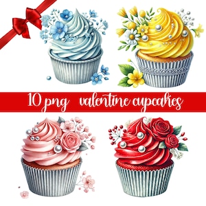 Pacchetto clipart cupcake di San Valentino, grafica di San Valentino, disegni png d'amore, sfondo trasparente, uso commerciale, set di 10, album