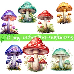 Clipart aquarelle champignons féeriques, clipart champignons féeriques, téléchargement immédiat pour scrapbooking numérique, collage, Junk Journal