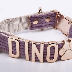 Velvet Personalized Dog Collar | Custom Name Collar with Gold Letters & Leash Set | Sizes S, M, L , Purple Dog Collar , Dog Collar and Leash
