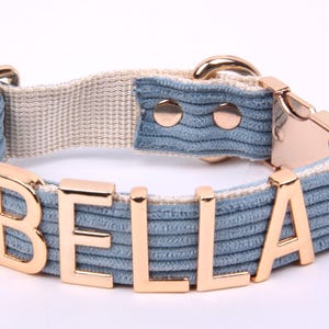 Personalized Velvet Dog Collar with Gold Letters | Custom Name Collar & Leash Set | Sizes S, M, L | Unique Gift for Dogs , Sky Blue