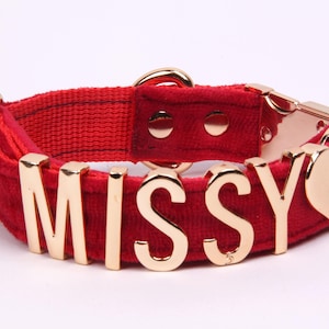 Unique Velvet Dog Collar & Leash Set | Customizable with Gold Letters | For Small, Medium, Large Dogs , Cherry Color , Personalized Collar