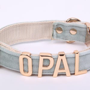 Velvet Dog Collar with Gold Letters | Personalized Collar & Leash Options | Sizes S, M, L - Cloud Blue , Dog Collar and Leash Set.