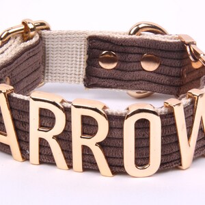 Personalized Velvet Dog Collar with Gold Letters | Custom Name Collar & Leash Set | Sizes S, M, L | Unique Gift for Dogs , Brown