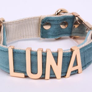 Velvet Personalized Dog Collar | Custom Name Collar with Gold Letters & Leash Set | Sizes S, M, L , Ocean Blue Dog Collar,Dog Collar- Leash