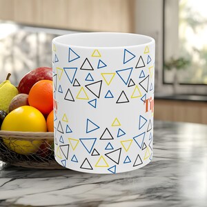 Triangles Black, Blue, Yellow Mug | Geometric Pattern Coffee Cup | Modern Art Gift | Abstract Geometric Drinkware