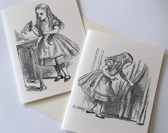 Alice in Wonderland Note Card Set of 12 in White or Ivory with Matching Envelopes