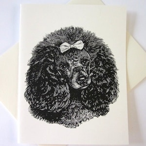 May include: Black and white illustration of a poodle with a white bow on its head.