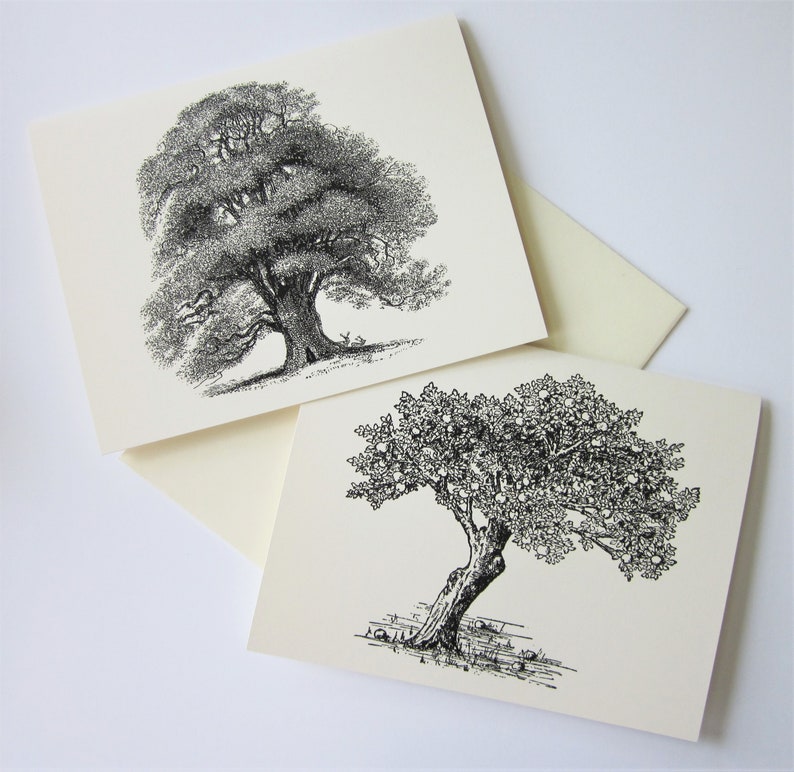 Tree Note Card Set of 10 in White or Light Ivory with Matching Envelopes 5 Images Oak Tree Stationery image 2