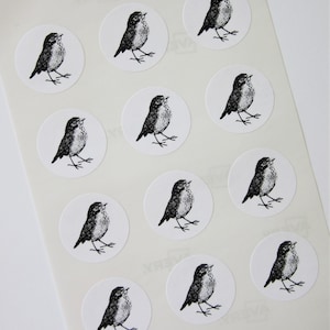 May include: A sheet of 12 round stickers featuring black and white illustrations of robins. Each sticker is approximately 5 cm in diameter.