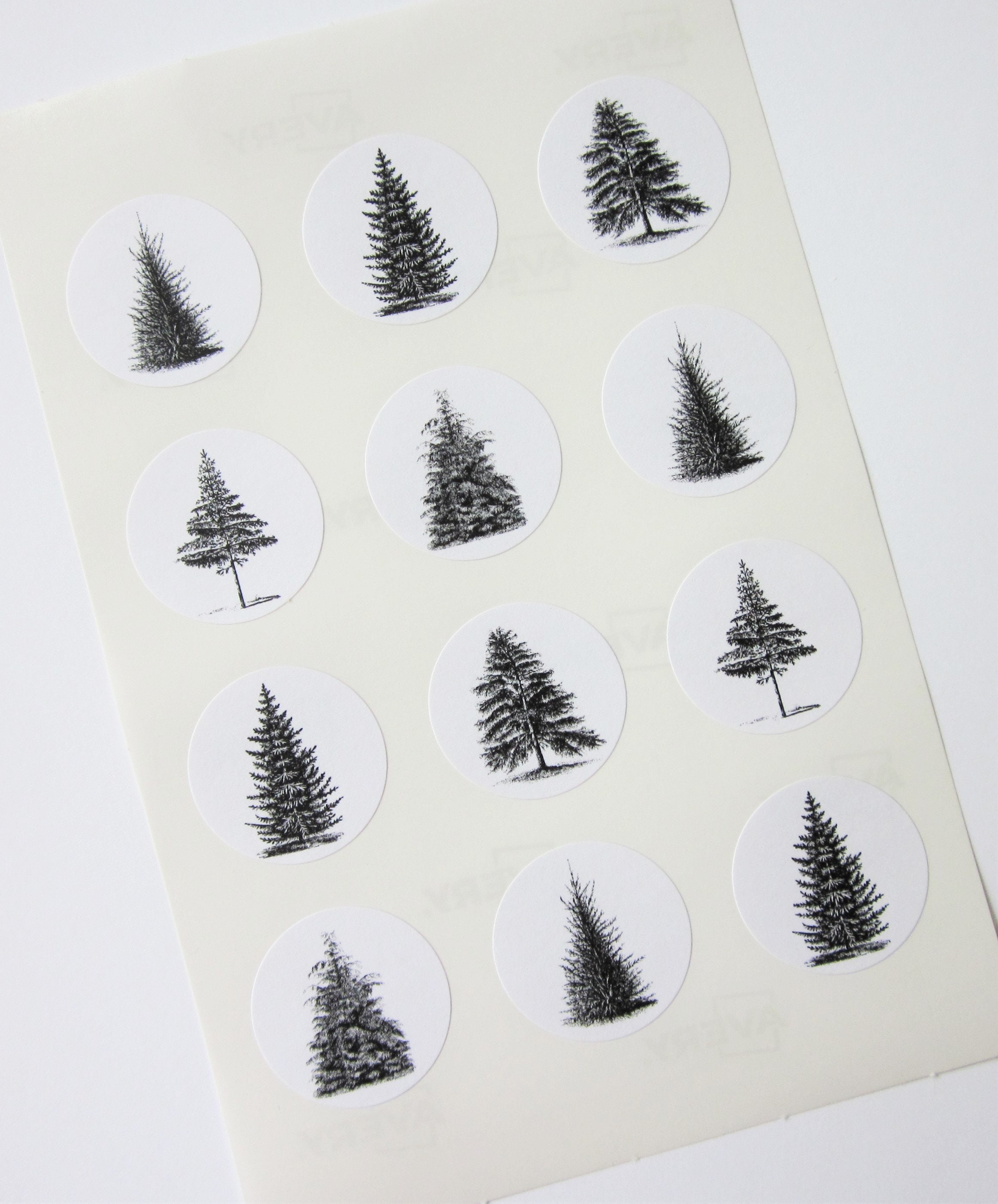 Pine Tree Stickers One Inch Round Seals 5 Pine Tree Images Etsy