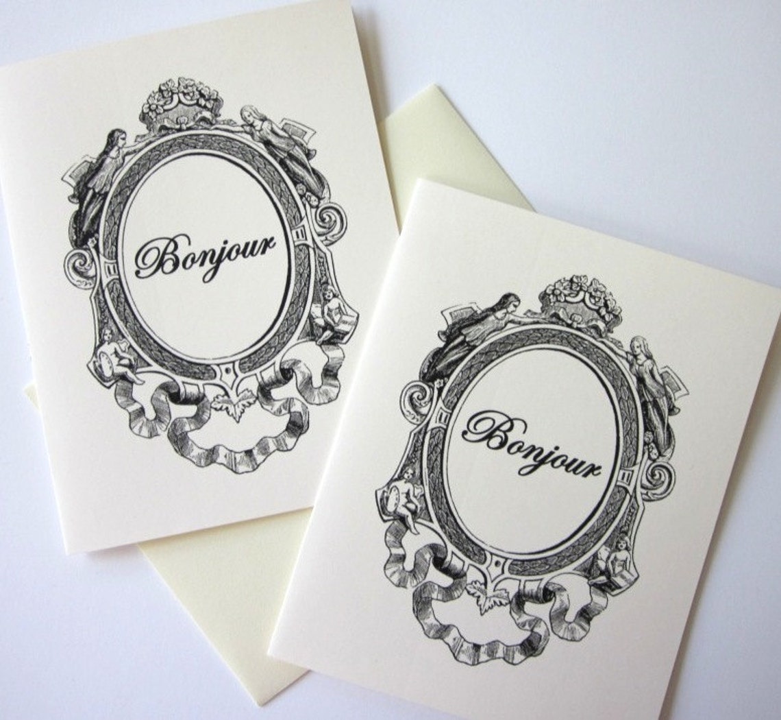 Bonjour Note Cards Stationery Set of 10 Cards in White or Light Ivory ...