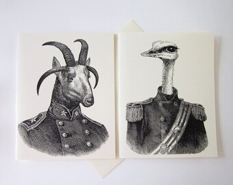 Military Animals Note Cards Stationery Set of 10 Cards in White or Light Ivory with Matching Envelopes