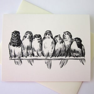 May include: Black and white line drawing of seven birds perched on a branch. The birds are facing forward and have their wings tucked in. The drawing is on a white background.