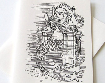 Mermaid Note Cards Papelería Set de 10 cartas en blanco o marfil claro con sobres a juego
