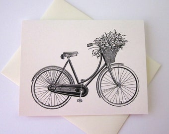 Bike with Basket of Flowers Note Card Set of 10 in White or Light Ivory with Matching Envelopes