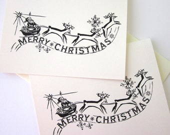 Santa and Reindeer Note Card Set of 10 in White or Light Ivory with Matching Envelopes