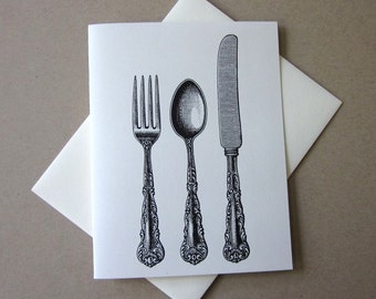 Cutlery Knife Spoon Fork Silverware Note Cards Stationery Set of 10 Cards in White or Light Ivory with Matching Envelopes