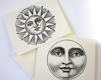 Sun Moon Face Note Card Set of 10 in White or Light Ivory with Matching Envelopes