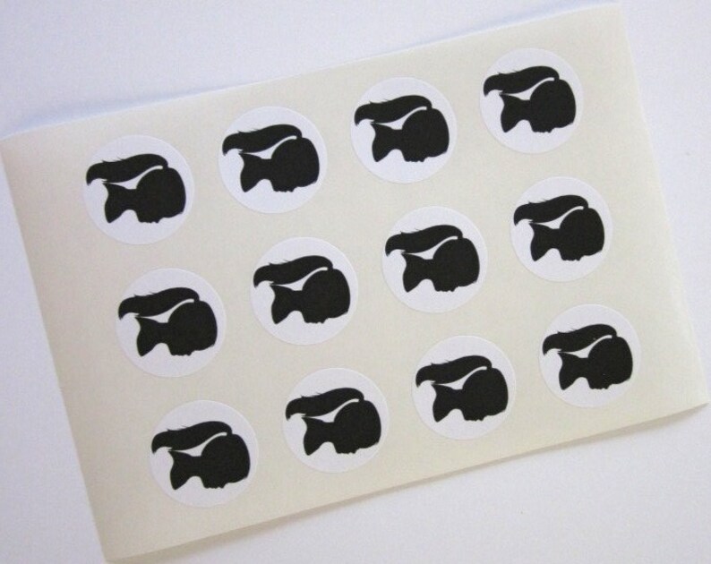 May include: A sheet of white sticker paper with 12 black silhouette stickers of a girl with a ponytail. Each sticker is a circle with a white background.