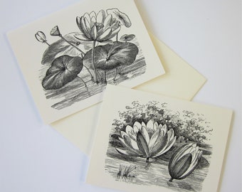 Pond Lily Floral Flower Note Cards Stationery Set of 10 Cards in White or Light Ivory with Matching Envelopes