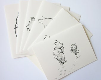 Winnie the Pooh and Piglet Note Card Set of 12 in White or Light Ivory with Matching Envelopes