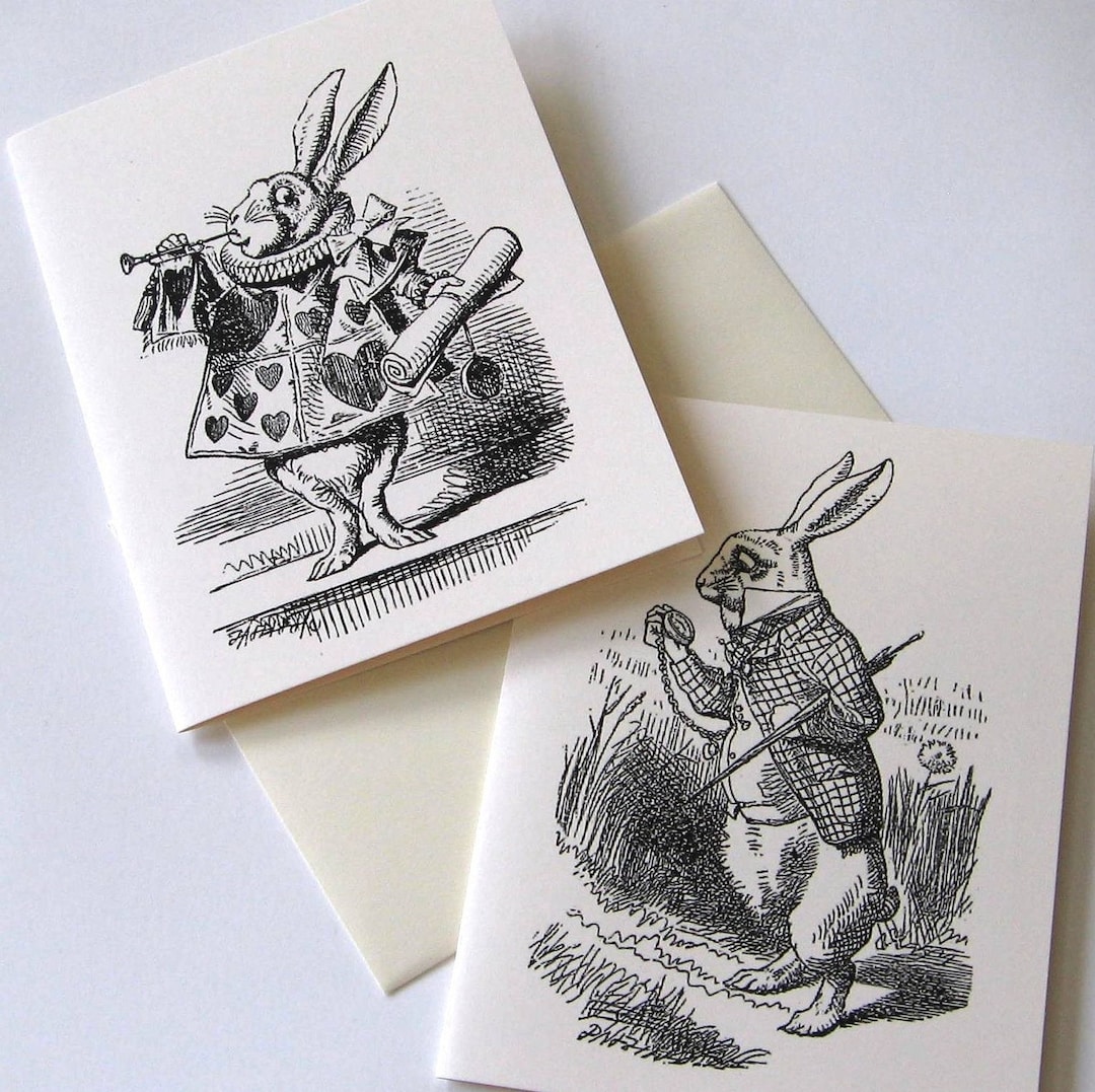 Alice in Wonderland Rabbit Note Card Set of 10 in White or Ivory With ...