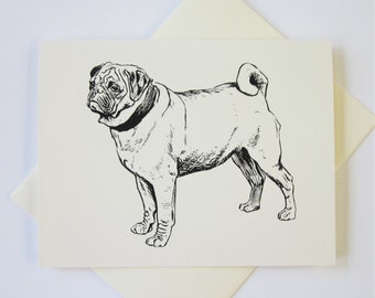 Pug Dog Note Cards Stationery Set of 10 Cards in White or Light Ivory with Matching Envelopes