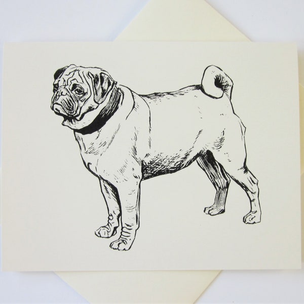 Pug Dog Note Cards Stationery Set of 10 Cards in White or Light Ivory with Matching Envelopes