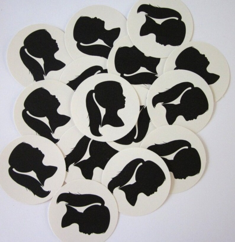 May include: A set of 12 white round stickers with black silhouette images of people with long hair. The stickers are perfect for adding a personal touch to gifts, envelopes, or other items.