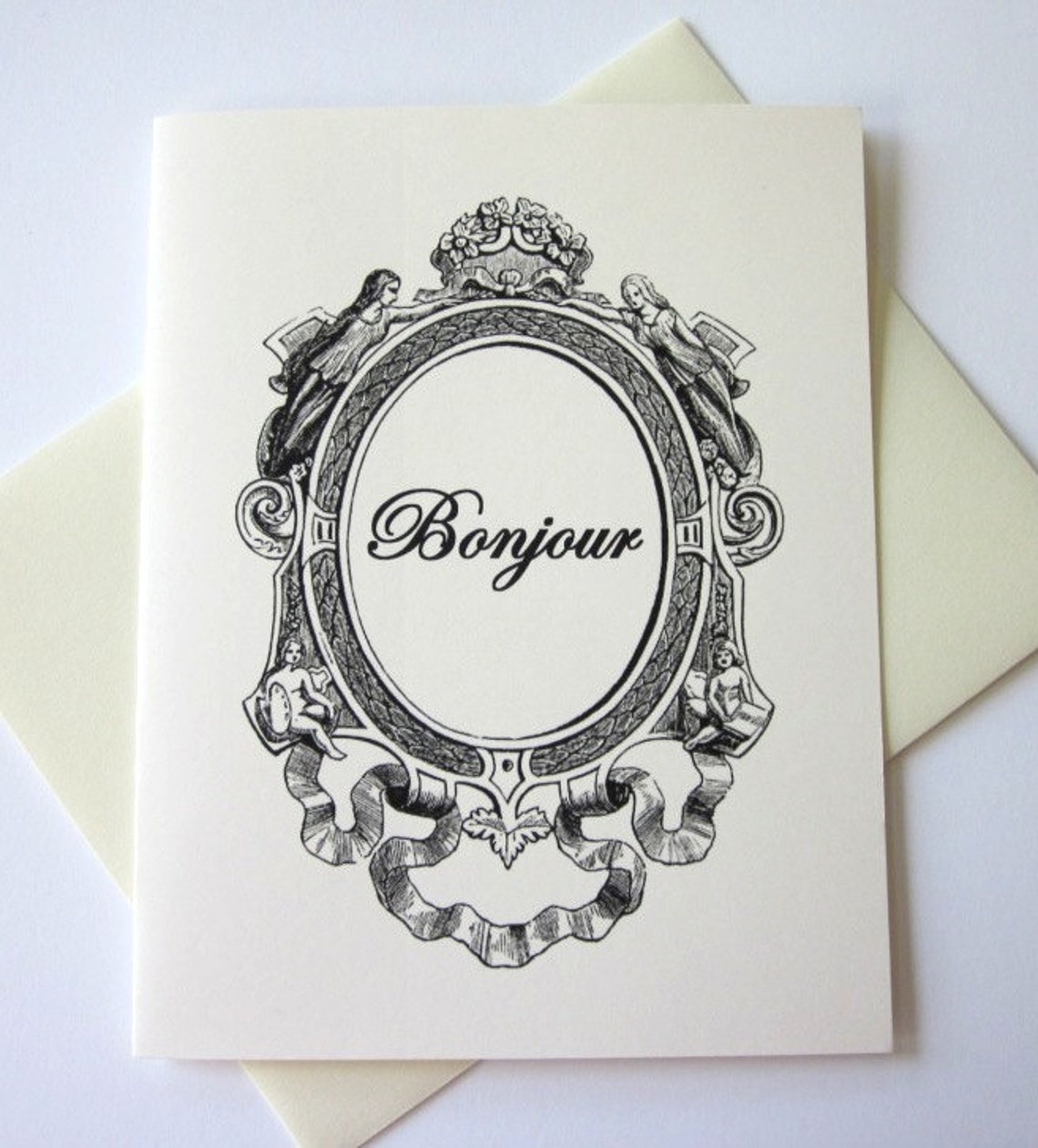 Bonjour Note Cards Stationery Set of 10 Cards in White or Light Ivory ...