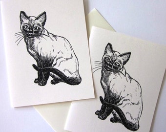 Siamese Cat Note Cards Stationery Set of 10 Cards in White or Light Ivory with Matching Envelopes