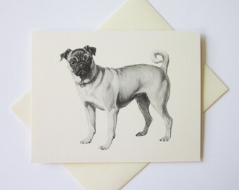 Pug Dog Note Cards Stationery Set of 10 Cards in White or Light Ivory with Matching Envelopes