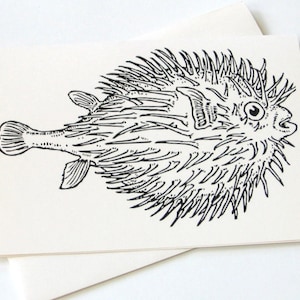Puffer Fisch Notizkarten Briefpapier Set von 10 Karten in Weiß oder Hellem Elfenbein mit passenden Umschlägen