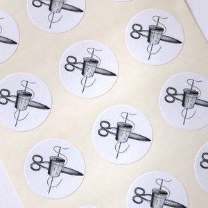 Sewing Stickers Scissors, Thimble, Thread One Inch Round Seals