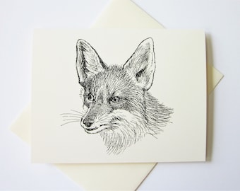 Fox Note Card Set of 10 in White or Light Ivory with Matching Envelopes