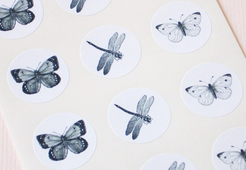 Butterfly Dragonfly Stickers One Inch Round Seals image 1