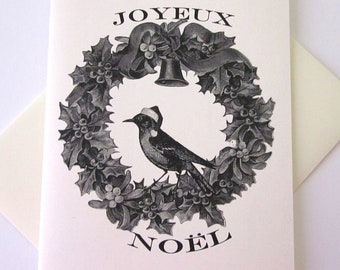Joyeux Noel Wreath with Bird Note Card Set of 10 in White or Light Ivory with Matching Envelopes