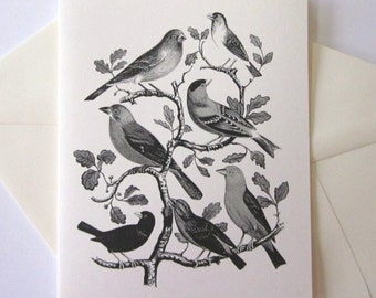 May include: Black and white illustration of six birds perched on branches of a tree. The birds are in various poses, some singing, some looking at the viewer, and some looking at each other. The tree is stylized and has simple leaves.
